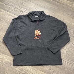 Cottage Cove | Vintage Grey Long Sleeve Polo Sweater with Bear Embroidery Size M